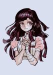  1girl apron black_hair closed_mouth collared_shirt cropped_torso danganronpa_(series) danganronpa_2:_goodbye_despair grey_apron grey_background highres long_hair mole mole_under_eye multicolored_hair own_hands_clasped own_hands_together pink_hair pink_shirt puffy_short_sleeves puffy_sleeves shirt short_sleeves simple_background solo tsumiki_mikan two-tone_hair uranagi_(uranaginasi) 