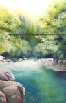  cliff dappled_sunlight day forest highres nature no_humans original plant river riverbank rock rope_bridge scenery shimizu_megumi_(m_acquerello) sunlight water 