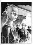  1girl 3boys artist_name border borg borg_queen breasts cleavage colored_skin cyborg english_commentary graphite_(medium) grey_skin greyscale highres joints looking_at_viewer malachiward mechanical_arms mechanical_hands mechanical_parts monochrome multiple_boys robot_joints science_fiction single_mechanical_arm sketch smoke star_trek star_trek:_the_next_generation subdermal_port traditional_media 