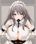  1girl artist_name azur_lane breasts breasts_squeezed_together charybdis_(azur_lane) clothing_cutout commission condom condom_in_mouth condom_wrapper earrings elbow_gloves gloves grey_background grey_hair heart heart-shaped_pupils highres jewelry long_hair looking_at_viewer maid maid_headdress misato_nagi mouth_hold sideboob skeb_commission solo symbol-shaped_pupils underboob_cutout upper_body white_gloves yellow_eyes 