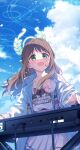  1girl :d airi_(band)_(blue_archive) blue_archive blue_jacket blue_sky blurry bow brown_hair cloud cloudy_sky commentary_request depth_of_field green_eyes hair_bow hair_ribbon halo highres ima_(lm_ew) instrument jacket keyboard_(instrument) long_hair long_sleeves looking_at_viewer music official_alternate_costume official_alternate_hairstyle open_clothes open_jacket outdoors parted_bangs playing_instrument pleated_skirt print_shirt ribbon shirt sidelocks skirt sky smile solo sweat t-shirt white_shirt white_skirt 