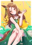  1girl absurdres animal_ears bare_shoulders brown_hair dress freely2327 green_dress green_nails highres horse_ears horse_girl horse_tail king_halo_(umamusume) looking_at_viewer orange_eyes sleeveless sleeveless_dress smile solo tail umamusume v wavy_hair yellow_background 