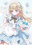  1girl absurdres apron blonde_hair blue_bow blue_eyes blue_theme blush bow cat_hair_ornament cowboy_shot cup cupcake dot_nose dress food food-themed_background frilled_apron frills hair_bow hair_ornament hairband highres holding holding_tray ice_cream ice_cream_float long_hair looking_at_viewer macaron multicolored_bow name_tag nekoyashiki_yuki parted_lips precure shuu_(mniarnoakou) solo striped_bow striped_clothes striped_dress teacup tray vertical-striped_clothes vertical-striped_dress waitress white_apron white_hairband white_wrist_cuffs wonderful_precure! wrist_cuffs 