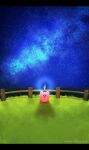  2elu2 absurdres arms_up blush_stickers bright_pupils crystal fence full_body galaxy grass happy_birthday highres kirby kirby_(series) looking_at_viewer night no_humans on_grass open_mouth outdoors shadow sky star_(sky) starry_sky white_pupils wooden_fence 