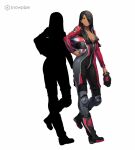  1girl alternate_costume artist_request biker_clothes bikesuit black_bikesuit black_collar black_gloves black_hair bodysuit breasts cleavage closed_mouth collar company_name dark-skinned_female dark_skin english_text full_body gloves hair_behind_ear hair_down hair_over_one_eye hat helmet holding holding_clothes holding_gloves logo long_hair medium_breasts motorcycle_helmet multicolored_bikesuit multicolored_hat neck official_art sagitta_weinberg sakura_taisen sakura_taisen_v sega silhouette simple_background smile solo third-party_source tight_clothes watermark white_background 