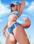  2018 anthro bra breasts brown_fur brown_hair canid canine canis claws clothed clothing coffeechicken dog female fur hair hand_behind_head hat hot_pants kess_(coffeechicken) mammal midriff outside perspective short_hair shorts small_breasts solo sports_bra standing teal_eyes underwear 