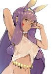  1girl absurdres bob_cut breasts cup expressionless fate/grand_order fate_(series) fingerless_gloves gloves highres hikima hiranko holding japanese_clothes kimono looking_ahead nail_polish navel nitocris_(fate/grand_order) oni_horns purple_hair purple_kimono purple_nails revealing_clothes sakazuki short_eyebrows short_hair small_breasts 