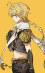  1boy aether_(genshin_impact) ahoge arm_armor armor belt black_gloves black_pants black_shirt blonde_hair braid brown_belt clenched_hand closed_mouth earrings genshin_impact gloves gold_trim hair_between_eyes hair_ornament hair_ribbon half-closed_eyes highres jewelry long_hair looking_at_viewer male_focus midriff navel orange_eyes pants ribbon scarf shirt short_sleeves shoulder_armor simple_background single_earring solo white_ribbon white_scarf yellow_background zzz_nn_z 