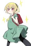  &gt;:( 1girl backpack bag black_hairband black_pantyhose blonde_hair blush brown_eyes closed_mouth commission dress green_dress hair_between_eyes hairband hands_up highres higurashi_no_naku_koro_ni holding_strap houjou_satoko kibisake light_frown pantyhose puffy_short_sleeves puffy_sleeves randoseru sailor_collar sailor_dress short_sleeves simple_background skeb_commission solo sparkle standing v-shaped_eyebrows white_background white_sailor_collar 