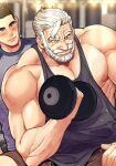  2boys age_difference alternate_costume bara beard black_hair black_tank_top blue_eyes blush couple exercising facial_hair full_beard hairy holding_dumbbell karl-heinz_leopold kim_nuruk liebling male_focus mature_male multiple_boys muscle_awe muscular muscular_male nipples old old_man paid_reward_available pectorals short_hair shorts sideburns_stubble sidepec strongman_waist stubble taehoon_park tank_top thick_beard thick_eyebrows white_hair wrinkled_skin yaoi 