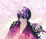  1boy black_hair cherry_blossoms closed_mouth cma_cmakuma collarbone falling_petals flower gintama grey_eyes hair_between_eyes japanese_clothes light_smile looking_at_viewer male_focus one_eye_closed petals pink_flower short_hair solo takasugi_shinsuke upper_body 