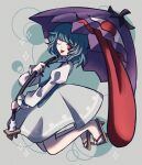  1girl ;p blue_eyes blue_hair brown_footwear commentary_request full_body geta grey_background highres juliet_sleeves long_sleeves looking_at_viewer one_eye_closed puffy_sleeves red_eyes short_hair soda_(sodaa_811) solo tatara_kogasa tongue tongue_out touhou 