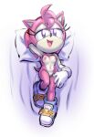 2024 absurd_res amy_rose anthro areola breasts clothing eulipotyphlan eyelashes female fingers footwear genitals gloves half-closed_eyes handwear hedgehog hi_res lying mammal mostly_nude narrowed_eyes nipples on_back open_mouth pillow pussy rockthebull sega shoes solo sonic_the_hedgehog_(series)