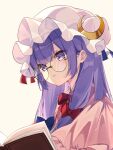  1girl bespectacled blue_bow blue_ribbon book bow bowtie closed_mouth commentary_request crescent crescent_hat_ornament glasses hat hat_ornament highres long_hair looking_at_viewer mob_cap open_book patchouli_knowledge pink_shirt purple_eyes purple_hair red_bow red_bowtie red_ribbon ribbon round_eyewear shirt solo touhou upper_body white_hat yuineko 