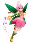  1girl absurdres artist_logo artist_name boots detached_sleeves digimon digimon_(creature) dress fairy flower footwear_flower full_body green_footwear green_hair green_sleeves hair_vines highres knee_boots leaf_wings lilimon long_hair monster_girl monstuwitos nail_polish petals pink_dress pink_petals plant_girl red_nails simple_background sleeveless sleeveless_dress smile solo watermark white_background yellow_flower 