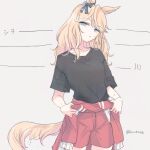  1girl animal_ears black_shirt blonde_hair blue_eyes breasts closed_mouth clothes_around_waist cowboy_shot ear_ornament frown gold_city_(umamusume) grey_hair half-closed_eyes horse_ears horse_girl horse_tail inutose long_hair looking_at_viewer red_shorts shirt short_sleeves shorts simple_background small_breasts solo standing sweatdrop tail twitter_username umamusume 