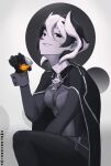  absurdres alcohol black_cape black_eyes black_gloves cape gloves greyscale hair_between_eyes highres looking_at_viewer made_in_abyss monochrome multicolored_hair mutantshrimp no_pupils ozen seductive_smile smile two-tone_hair whistle whistle_around_neck 
