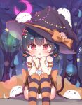  1girl arm_garter bare_shoulders black_hair black_thighhighs blunt_bangs bow brown_skirt buttons double-parted_bangs feet_out_of_frame hair_ornament hairclip hands_up hat hat_bow highres jack-o&#039;-lantern jack-o&#039;-lantern_hair_ornament looking_at_viewer low_twintails medium_hair miria_(mamamamave) night open_mouth orange_thighhighs original outdoors oversized_hat panties pantyshot red_eyes shirt skirt solo striped_clothes striped_thighhighs tail teeth thighhighs twintails underwear upper_teeth_only white_panties white_shirt witch_hat 