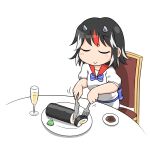  1girl black_hair closed_eyes closed_mouth commentary_request cone_horns cup drinking_glass ehoumaki food fork grey_horns holding holding_fork holding_knife horns kijin_seija knife light_blush makizushi multicolored_hair on_chair red_hair setsubun short_sleeves sitting small_horns smile solo streaked_hair sushi table touhou unachika white_hair you&#039;re_doing_it_wrong 