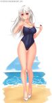  1girl ass_visible_through_thighs blue_one-piece_swimsuit covered_navel full_body high_heels highleg highleg_swimsuit highres holding holding_whistle midnight_(banyex) one-piece_swimsuit original red_eyes smile solo swimsuit whistle whistle_around_neck white_hair 