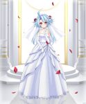  1girl absurdres ahoge alexstardust31 alternate_costume bare_shoulders blue_hair blush breasts bridal_veil bride choker commission dated dress elbow_gloves english_commentary falling_petals full_body gloves grey_choker hair_between_eyes highres leotard light_blue_hair light_smile looking_at_viewer neptune_(series) petals power_symbol power_symbol-shaped_pupils red_eyes reflective_floor short_hair_with_long_locks signature small_breasts solo standing symbol-shaped_pupils torn_clothes torn_leotard veil wedding_dress white_dress white_gloves white_heart_(neptunia) 