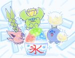  &gt;_&lt; afterimage blank_eyes brain_freeze closed_eyes dated evolutionary_line food full_body hoppip jumpluff no_humans open_mouth pokemon pokemon_(creature) shaved_ice shuri_(syurigame) signature skiploom translation_request 