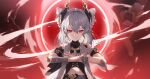  1girl absurdres breasts chinese_commentary closed_mouth commentary_request drill_hair earrings grey_hair hair_between_eyes hands_up highres honkai_(series) honkai_impact_3rd jewelry joints looking_at_viewer medium_hair ooo_wange open_hands prometheus_(honkai_impact) red_background red_eyes small_breasts solo straight-on upper_body v-shaped_eyebrows 