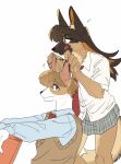  1boy 1girl animal_ear_fluff animal_ears blue_shirt body_fur brown_eyes brown_fur brown_hair brown_sweater_vest claws closed_mouth collared_shirt colored_inner_hair commentary_request dog_ears dog_girl dog_tail furry furry_female furry_male grabbing_another&#039;s_ear grey_skirt hand_on_another&#039;s_ear hands_up highres licking_lips long_hair long_sleeves looking_at_viewer looking_to_the_side multicolored_hair musical_note necktie orange_hair original outstretched_arms pleated_skirt rata_(norahasu) red_necktie school_uniform shirt short_hair short_sleeves simple_background skirt smile standing sweater_vest tail tongue tongue_out upper_body very_short_hair white_background white_fur white_shirt 