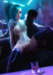  1boy 3d blurry blurry_background breasts glass green_eyes green_hair hand_on_another&#039;s_waist highres jewelry k/da_(league_of_legends) league_of_legends navel necklace nipples nude pantyhose pussy seraphine_(league_of_legends) small_breasts solo_focus vaginal zoh 