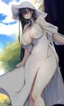  1girl black_hair blurry blurry_background blush breasts curvy dress hat highres large_breasts long_hair looking_at_viewer original outdoors red_eyes rib:y(uhki) signature smile solo thick_thighs thighs white_dress 