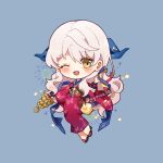  ;d blue_background blue_ribbon blush chibi chibi_only english_commentary fire_emblem fire_emblem:_radiant_dawn fire_emblem_heroes full_body hair_ribbon japanese_clothes kimono kyousa38 long_hair long_sleeves looking_at_viewer micaiah_(fire_emblem) micaiah_(hoshidan_summer)_(fire_emblem) official_alternate_costume one_eye_closed open_mouth red_kimono ribbon smile twitter_username white_hair wide_sleeves yellow_eyes 