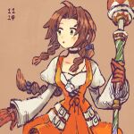  1girl aerith_gainsborough aerith_gainsborough_(garnet&#039;s_gown) ahoge black_choker blue_bow blush bow braid braided_ponytail breasts brown_background brown_hair choker cleavage cosplay crystal dated dress final_fantasy final_fantasy_ix final_fantasy_vii final_fantasy_vii_ever_crisis garnet_til_alexandros_xvii garnet_til_alexandros_xvii_(cosplay) gloves green_hair hair_ornament hairclip highres holding holding_staff jewelry juliet_sleeves long_hair long_sleeves looking_to_the_side medium_breasts nobu_(25mark) official_alternate_costume orange_dress parted_bangs parted_lips pendant puffy_long_sleeves puffy_sleeves red_gloves shirt sidelocks single_braid solo staff upper_body white_shirt 