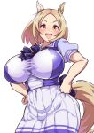  1girl :d absurdres alternate_breast_size animal_ears blonde_hair breasts commentary_request hands_on_own_hips highres horse_ears horse_girl huge_breasts looking_at_viewer narita_top_road_(umamusume) pleated_skirt round_teeth school_uniform short_hair short_sleeves simple_background skirt smile solo teeth tracen_school_uniform umamusume upper_teeth_only white_background white_skirt yellow_eyes yuki_usagi_(agtd5758) 