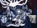  armor canvas_(object) hollow_eyes hollow_knight horns isma lurien_(hollow_knight) multiple_others pale_king_(hollow_knight) standing vulturereyy white_lady_(hollow_knight) 