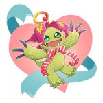  bean32 claws clothed_digimon digimon digimon_(creature) flower full_body heart neck_ribbon no_humans open_mouth palmon petals plant_monster red_ribbon ribbon sharp_teeth solo striped_ribbon teeth two-tone_ribbon white_ribbon 