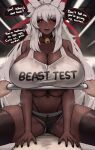  1boy 1girl animal_ear_fluff animal_ears barbell bell black_choker black_sclera black_thighhighs breasts cat_ears cat_girl cat_tail choker cleavage clothes_writing coco_(bakeneko) colored_sclera dark-skinned_female dark_skin english_text exercising hair_between_eyes highres huge_breasts jingle_bell long_hair looking_at_viewer mole mole_under_eye navel neck_bell open_mouth original pov red_eyes roresu solo_focus speech_bubble straddling tail tank_top teeth thighhighs upper_teeth_only weightlifting white_hair white_tank_top 