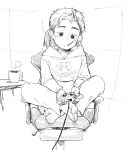  1boy barefoot chair coffee commentary dated_commentary discord feet greyscale highres holding indoors looking_at_viewer male_focus monochrome original simple_background sitting sketch solo table tetsutappuri 