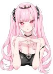  1girl artist_name bare_shoulders black_choker black_nightgown black_scrunchie black_tiara blush breasts choker cleavage commentary cropped_torso earrings fingernails hair_ornament hair_scrunchie heart heart_in_eye highres hololive hololive_english huge_breasts interlocked_fingers jewelry kamiya_maneki long_hair looking_at_viewer mori_calliope mori_calliope_(sleepwear) nightgown official_alternate_costume own_hands_together pink_eyes pink_hair print_scrunchie scrunchie signature simple_background skull_choker skull_earrings skull_print solo strap_slip symbol_in_eye tiara twintails twitter_username white_background 