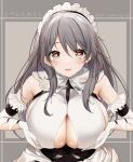 1girl artist_name azur_lane breasts breasts_squeezed_together charybdis_(azur_lane) clothing_cutout commission earrings elbow_gloves gloves grey_background grey_hair heart heart-shaped_pupils highres jewelry long_hair looking_at_viewer maid maid_headdress misato_nagi open_mouth sideboob skeb_commission solo symbol-shaped_pupils underboob_cutout upper_body white_gloves yellow_eyes 