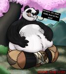 2023 abdominal_bulge anthro bear belly big_belly black_and_white_fur bottomwear cherry_blossom cherry_tree claws clothing crossed_legs dialogue dreamworks eyes_closed from_front_position fruit_tree fur giant_panda grass hand_on_belly hi_res kung_fu_panda licking licking_lips lotus_position male mammal master_po_ping mountain overweight overweight_anthro overweight_male patch_(fabric) plant ryan-the-fox sex shorts signature sitting slightly_chubby slightly_chubby_anthro slightly_chubby_male soft_vore solo speech_bubble text tongue tongue_out tree vore