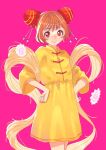  1girl alternate_hairstyle brown_hair bun_cover casual chinese_clothes closed_mouth cowboy_shot delicious_party_precure double_bun dress food hair_bun hair_up hanamichi_ran hands_on_own_hips highres jj_(ssspulse) kamaboko long_sleeves looking_at_viewer medium_dress narutomaki noodles pink_background precure red_eyes short_hair simple_background smile solo standing yellow_dress 