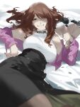  1girl bare_shoulders bed_sheet black_flower black_rose black_skirt bouquet breasts brown_eyes brown_hair flower grin hair_between_eyes hair_over_one_eye halterneck highres holding holding_bouquet jacket jacket_partially_removed large_breasts looking_at_viewer mikuroron mugino_shizuri purple_jacket reclining rose shirt sketch skirt sleeveless sleeveless_shirt smile solo teeth toaru_kagaku_no_railgun toaru_majutsu_no_index upper_body white_flower white_rose white_shirt 