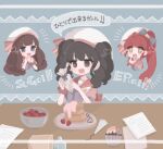  3girls :d black_hair blue_background blue_eyes bowl brown_eyes brown_hair cooking cream cupcake food fruit gaaruru_(pripara) hat kira_(kiratwins) kurosu_aroma long_hair multiple_girls notice_lines open_mouth pancake pancake_stack paper pastry_bag ponytail pretty_series pripara red_hair romaji_text shiratama_mikan sidelocks smile speech_bubble strawberry table translation_request twintails upper_body white_hat 