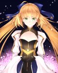  1girl ahoge artoria_caster_(fate) artoria_caster_(third_ascension)_(fate) artoria_pendragon_(fate) black_gloves blonde_hair blue_bow blush bow breasts cleavage cleavage_cutout clothing_cutout dress facial_mark fate/grand_order fate_(series) forehead_mark gloves green_eyes hair_bow hazuki-a highres long_hair long_sleeves medium_breasts solo twintails white_dress wide_sleeves 