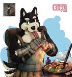  1boy :t animal_ears armor black_eyes black_fur blue_background body_fur breastplate brown_bag closed_mouth dog_ears dog_tail dungeon_meshi eating english_commentary food furry furry_male gauntlets hands_up highres holding holding_food kuro_(dungeon_meshi) ladle looking_at_viewer luck_like male_focus meat raised_eyebrow reference_inset stew tail tail_wagging white_background white_fur 