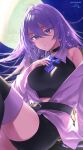  1girl artist_name belt black_choker black_shorts boots breasts choker commentary_request full_moon hand_on_own_chest highres hololive hololive_indonesia jacket large_breasts long_hair moon moona_hoshinova moona_hoshinova_(1st_costume) purple_eyes purple_hair shorts signature starry_hair sushida0k thigh_boots twitter_username white_jacket 