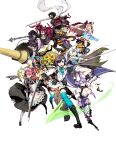  2boys 6+girls 7th_dragon_(series) 7th_dragon_iii absurdres agent_(7th_dragon) animal_ears aqua_bow aqua_eyes aqua_thighhighs arika_(7th_dragon) armor bandana banisher_(7th_dragon_iii) black_footwear black_hair boots bow breasts card checkered_bow checkered_clothes cleavage closed_mouth dress duelist_(7th_dragon) fortuner_(7th_dragon) god-hand_(7th_dragon) green_eyes hair_bow helmet highres holding holding_weapon katana lance long_hair mage_(7th_dragon) maid mask medium_breasts miwa_shirow mouth_mask multiple_boys multiple_girls murmur_(7th_dragon) official_art open_mouth pink_hair polearm ponytail psd_available purple_bow purple_eyes purple_hair red_eyes rune-knight_(7th_dragon) samurai_(7th_dragon_series) scarf scythe short_hair simple_background sunglasses sword thighhighs third-party_source transparent_background urye_(7th_dragon) weapon white_hair white_scarf yaiba_(7th_dragon_iii) 