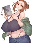  1girl armpits black_panties black_tank_top blush book breasts brown_hair collarbone commentary covered_nipples curtains day forehead fumio_(rsqkr) half-closed_eye hand_up highleg highleg_panties highres holding holding_book huge_breasts kaii_to_otome_to_kamigakushi looking_ahead navel no_pants off_shoulder ogawa_sumireko one_eye_closed open_clothes open_mouth panties pants solo steaming_body sweat tank_top thick_eyebrows thighs underwear 