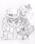  1boy 1girl bowing cleft_chin closed_eyes dress elbow_gloves facial_hair frilled_dress frills gloves grin hat highres laughing long_hair mona_(warioware) mustache sketch smile suit top_hat traditional_media wario warioware yamato_koara 