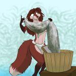  anthro black_nose breasts canid canine clothed clothing diana_artemis dipstick_tail female fox foxenawolf gloves_(marking) green_eyes leg_markings mammal markings navel panties socks_(marking) solo tail tail_markings tongue tongue_out topless underwear washing_clothes 